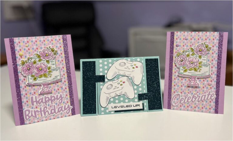 Drei Geburtstagskarten mit einem Videospiel-Controller.