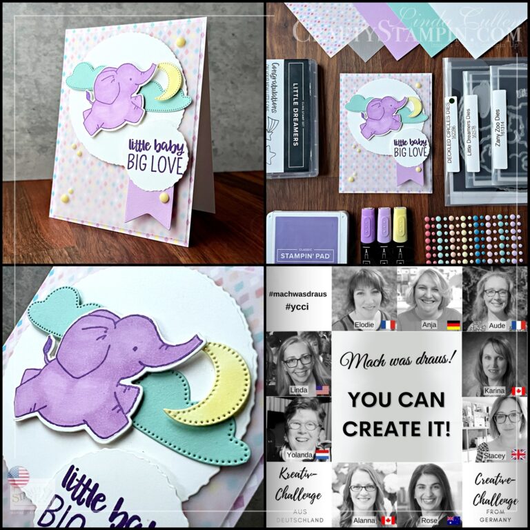 Eine Collage aus Karten und Briefmarken mit einem prächtigen Elefanten als Herzstück, der Kreativität und Einfallsreichtum zeigt. Linda