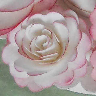 Aus der Nähe ist eine dekorative weiße Blume mit rosafarbenen Rändern zu erkennen, die einer Rose ähnelt, wie komplizierte „Rosen aus Papier“, elegant vor einem üppigen grünen Hintergrund.