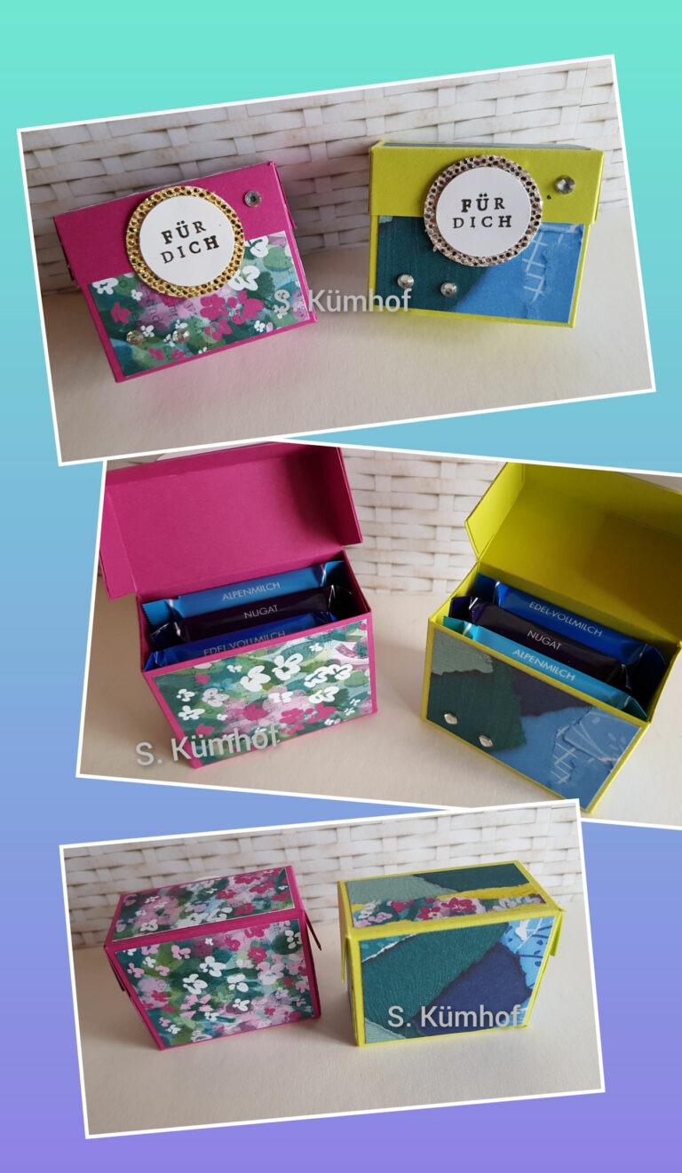 Vier farbenfrohe Bilder einer Schachtel mit einer Blume, die Kreativität und Inspiration zeigen.