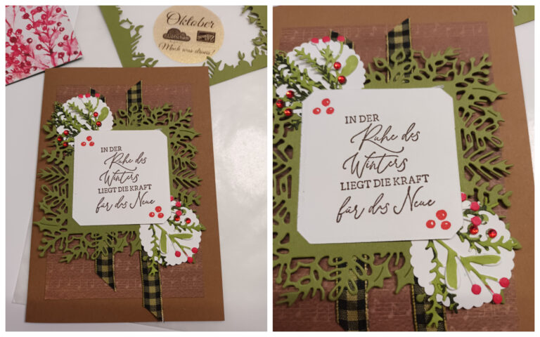 Eine festliche Weihnachtskarte mit Stechpalmenblättern und Beeren.