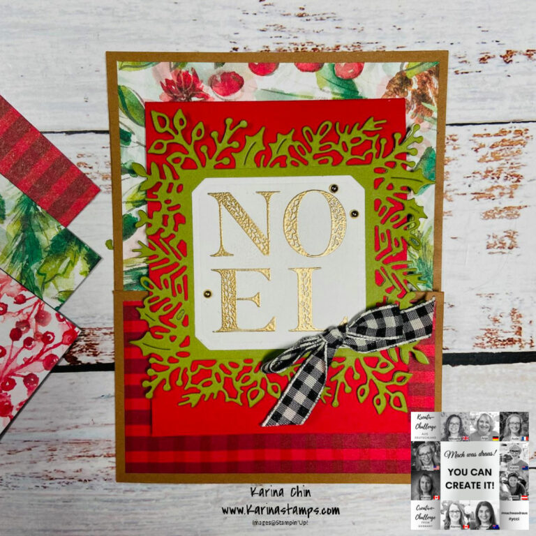 Eine Weihnachtskarte mit dem Wort „Noe“ inmitten der festlichen Dekoration.