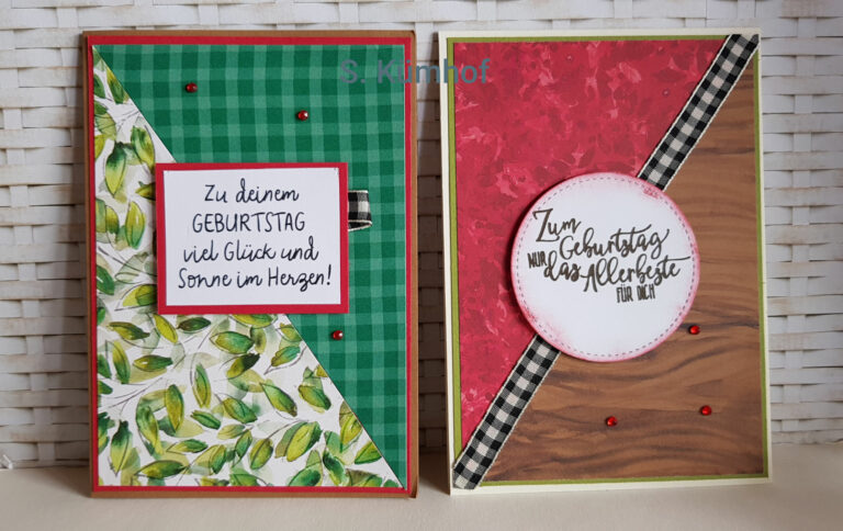 Zwei festliche Weihnachtskarten mit grünen und roten Blättern, perfekt zum Feiern der Feiertage.