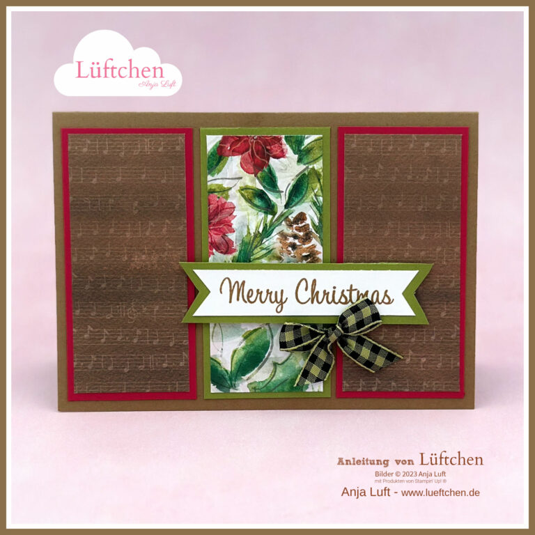 Beschreibung: Eine festliche Weihnachtskarte mit braunem Hintergrund und einem Hauch Weihnachtsstimmung.