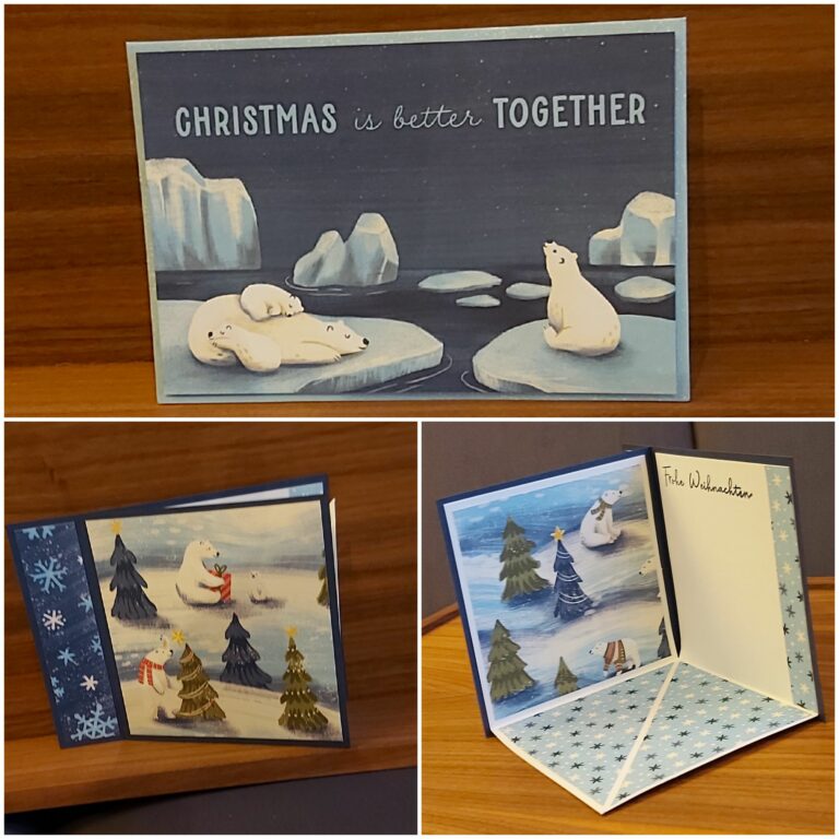 Eine festliche Weihnachtskarte mit bezaubernden Eisbären und zarten Schneeflocken.