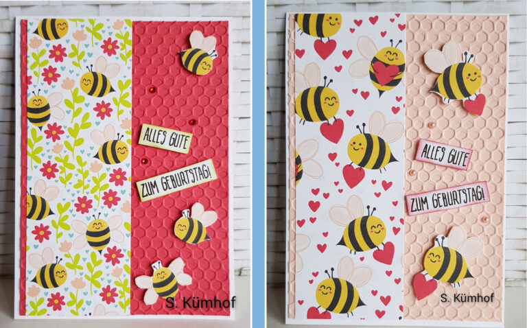 Zwei Karten mit Bienen und Herzen darauf, 24. Februar.