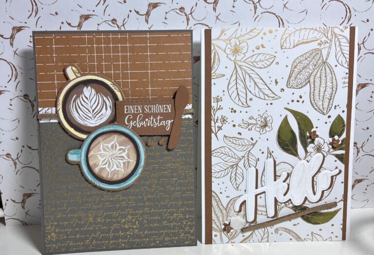 Handgefertigte Grußkarten mit Kaffee- und Pflanzenmotiven und den Worten „einen schönen Geburtstag“ und „Hallo“. Mach war draus! 24. März.