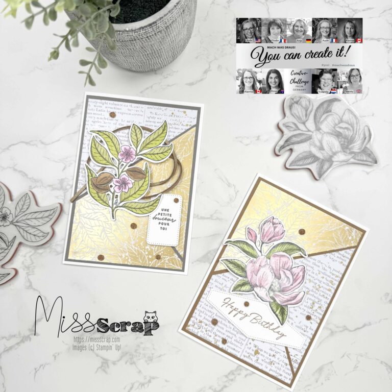 Handgefertigte Grußkarten mit floralen Designs auf marmorierter Oberfläche, begleitet von Bastelmaterialien und der inspirierenden Botschaft „Mach was draus! März 24“.