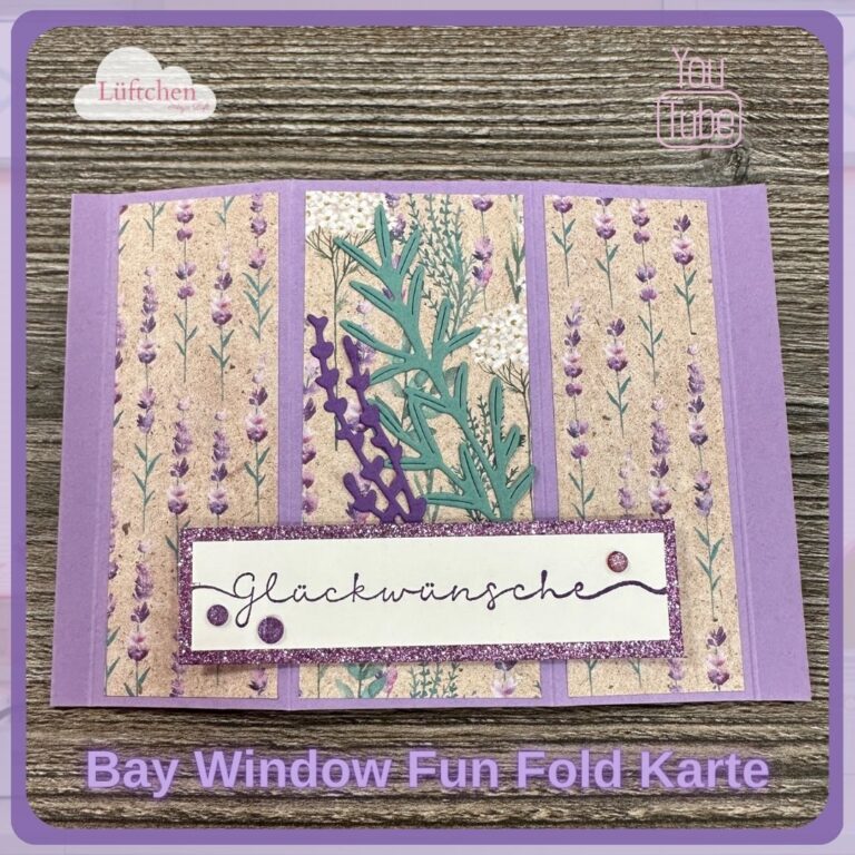 Handgefertigte Bay Window Fun Fold Karte mit Lavendeldesign und dem Text „Glückwünsche“ zeigt Ihre Kreativität beim Kartenbasteln.