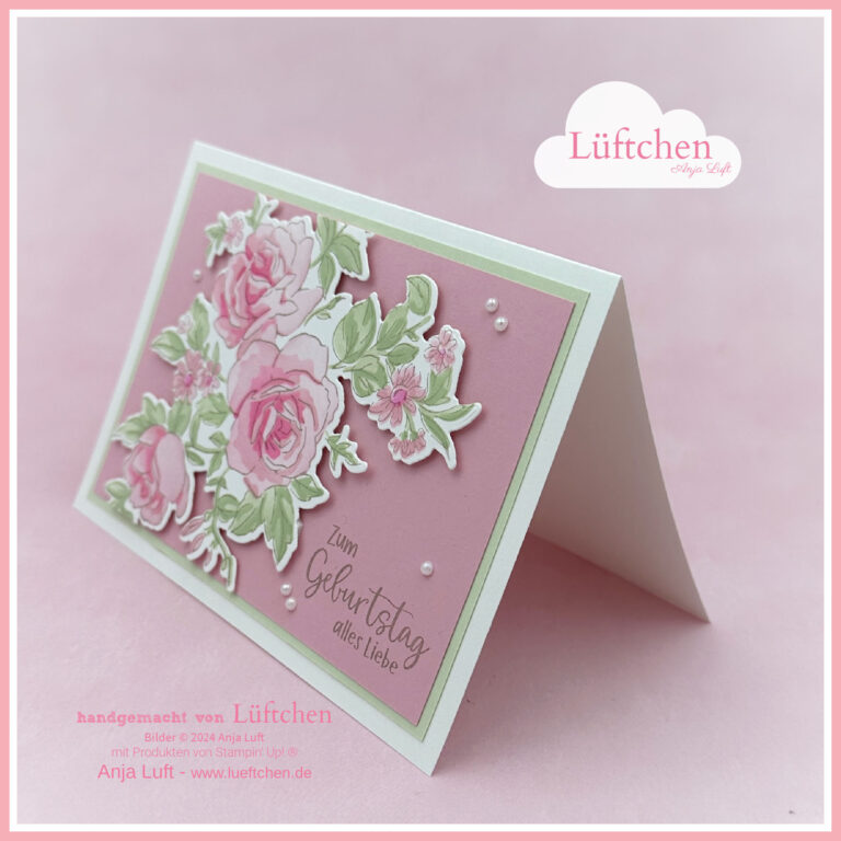 Handgefertigte Geburtstagskarte mit rosa und grünem Design, mit „Liebenswerte Lagen“ und dem deutschen Text „Zum Geburtstag alles liebe“.