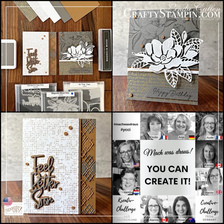Eine Collage, die verschiedene handgemachte Papierbastelprojekte und eine Gruppe von Bastlern zeigt, mit dem Slogan „Mach was draus! März 24“ im Rahmen einer Kreativ-Challenge.