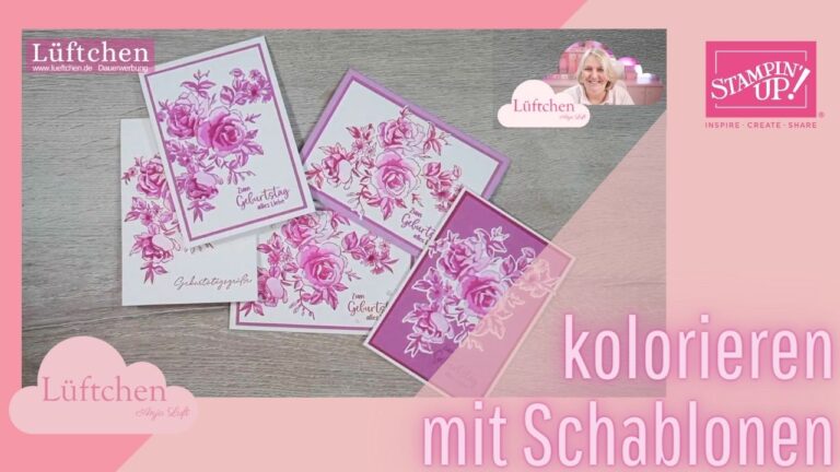 Sammlung floraler Grußkarten in Rosatönen mit einem Logo mit der Aufschrift „Luftchen“ und dem Text „Kolorieren mit Liebenswerten Lagen“.