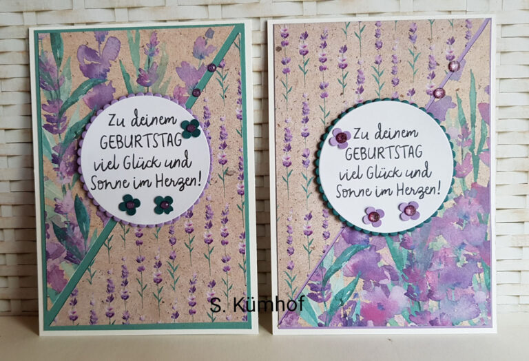 Zwei handgemachte Geburtstagskarten mit floralem Muster und Glückwünschen in deutscher Sprache, signiert von S. Künhof, erstellt für „Mach was draus am 24. April“.