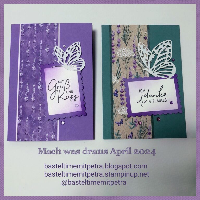 Zwei handgemachte Grußkarten mit Schmetterlingsmotiven, Blumenmustern und deutschem Text, darunter „Mach was draus 24. April“ auf weißem Hintergrund.