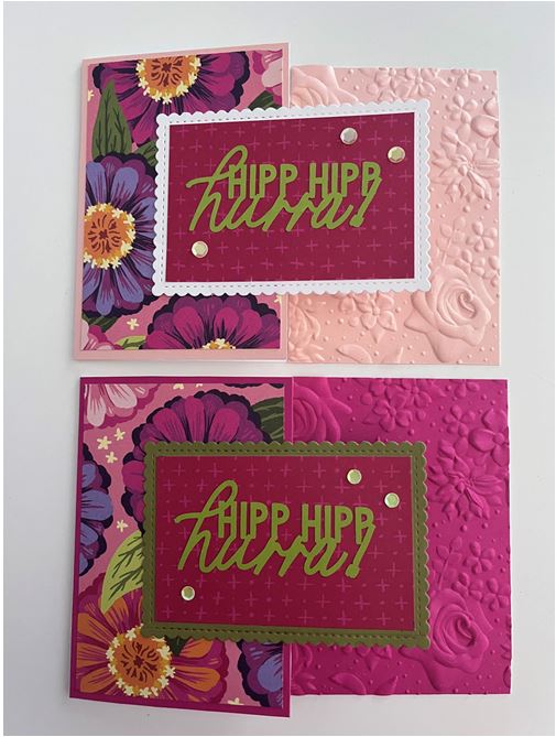 Zwei farbenfrohe Grußkarten mit floralen Motiven und Prägungen, auf denen in grüner Schrift auf rosa Hintergrund der Spruch „Hipp Hipp Hurra!“ steht. Perfekt für alle Anlässe, besonders im Rahmen der Aktion „Mach was draus Mai 24“!