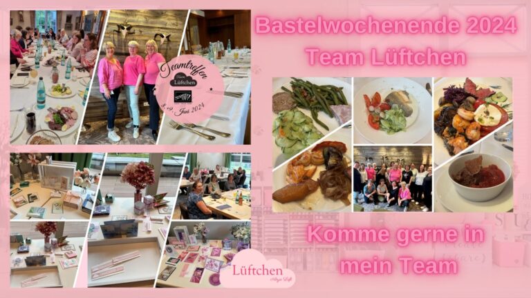 Eine Collage verschiedener Aktivitäten und Mahlzeiten vom Team-Bastelwochenende 2024 von Team Lüftchen. Abgebildet sind Gruppenfotos, Bastelprojekte und Essensmomente mit einer rosa Wolke Lüftchen Stampin Up Team Bastelwochenende 2024