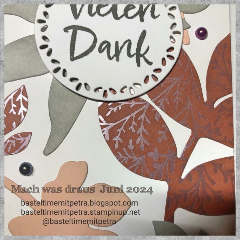 Eine handgemachte Karte mit ausgeschnittenen Blumenmotiven, metallischen Akzenten und der Botschaft „Vielen Dank“. Der Text unten enthält Blog- und Website-URLs: basteltimemitpetra.blogspot.com und basteltimemitpetra.stampinup.net. Vorgestellt in Mach was draus Juni 24.