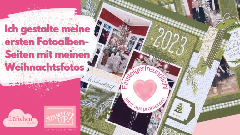 Ein festliches Scraplayout mit weihnachtlich gestalteten Fotoalbumseiten Eine Präsentation eines Bastelprojekts mit Scrapbook-Seiten mit Weihnachtsfotos und -dekorationen. erster Fotoalbumseiten mit Bildern von „Weihnachten im Juli 2024“ Einsteigerfreundlichlinks sind die Logos für „Lüftchen“ und „Stampin‘ Up“ zu sehen, die den Charme dieses entzückenden Displays verstärken, das im Juli 2024 erscheint.