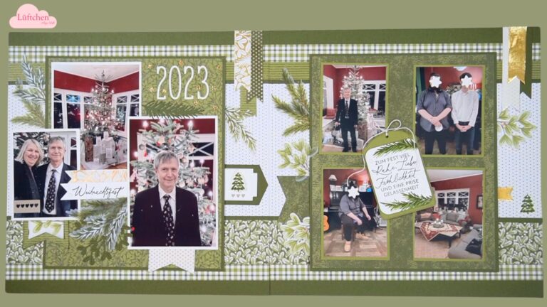 Ein festliches Scraplayout mit weihnachtlich gestalteten Fotoalbumseiten Eine Präsentation eines Bastelprojekts mit Scrapbook-Seiten mit Weihnachtsfotos und -dekorationen. erster Fotoalbumseiten mit Bildern von „Weihnachten im Juli 2024“ Einsteigerfreundlichlinks sind die Logos für „Lüftchen“ und „Stampin‘ Up“ zu sehen, die den Charme dieses entzückenden Displays verstärken, das im Juli 2024 erscheint.