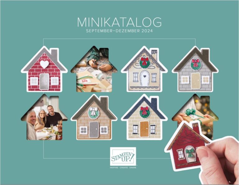 Mini-Katalogcover für September-Dezember 2024 mit Bildern von Hausausschnitten mit weihnachtlichen Designs und Familienmomenten. Stampin‘ Up!-Logo und Slogan „Inspire. Create. Share.“ unten.