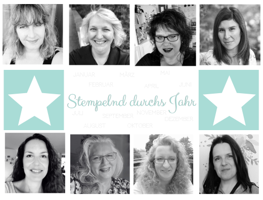 Eine Collage aus Porträtfotos von acht Frauen mit den Monaten des Jahres und den Sternen. In der Mitte ist „Stempelnd durchs Jahr“ abgebildet, perfekt für Inspirationen zum Mini 2 2024.