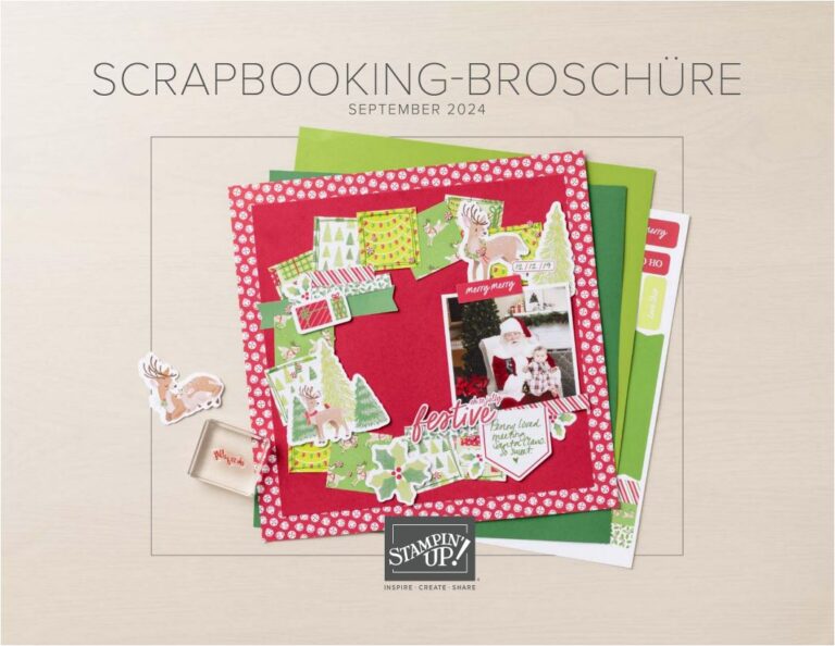 Cover einer Scrapbooking-Broschüre für September 2024 mit Scrapbook-Seiten und Dekorationen zum Thema Weihnachten.