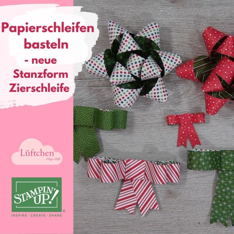 Auf einer Holzfläche sind mehrere dekorative Papierschleifen aus Papierschleifen basteln – neue Stanzform Zierschleife“ sowie den Logos von „Lüftchen“ und „Stampin’ Up!“.