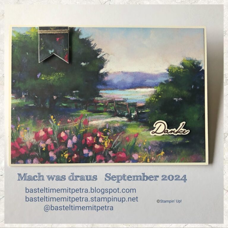 Handgefertigte Grußkarte mit gemalter Landschaft, Danke-Nachricht und der Aufschrift „Mach was draus am 24. September“. Social Media-Infos und Website inklusive.