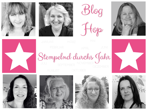 Collage aus acht Schwarzweißporträts von Frauen, die um rosa Quadrate mit Sternen angeordnet sind. Der Text lautet „Blog Hop“ und „Stempelnd durchs Jahr“, wobei zwischen den Bildern die Monate aufgeführt sind. Jedes Porträt erzählt eine Geschichte und unterstreicht damit die Spannung des neuen Mini-Katalogs 25 - 1.