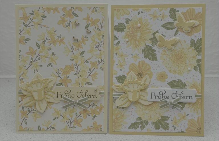 Zwei Osterkarten mit gelbem Blumenmuster und Schmetterlingsakzenten, jeweils mit dem Text „Frohe Ostern“. Diese Karten eignen sich perfekt zum Senden herzlicher Wünsche und sind eine wunderbare Art, „Mach was draus, 25. Februar“ zu sagen.