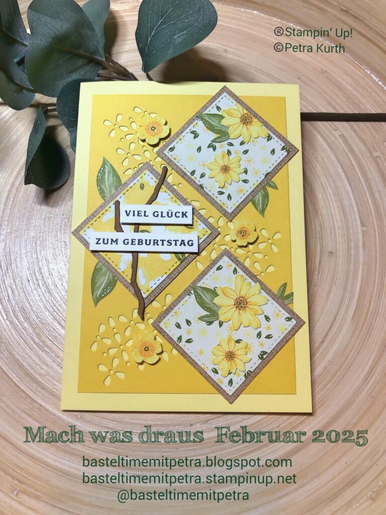 Gelbe Blumen-Geburtstagskarte mit geschichteten Rautenformen und den Worten „Viel Glück zum Geburtstag“. Gestempelte ©-Details und Website-Informationen sind sichtbar, inspiriert von Mach was draus Februar 25s kreativem Flair.