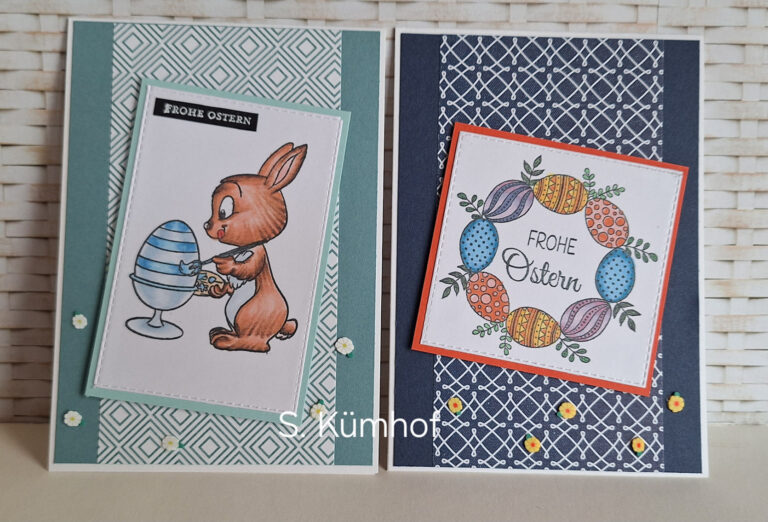 Zwei handgemachte Osterkarten: Eine zeigt einen Comic-Hase, der ein Ei bemalt, die andere zeigt eine kreisförmige Anordnung dekorierter Eier mit der Aufschrift „Frohe Ostern“ – perfekt für Ihre Bastelinspiration zum „Mach was draus“ am 25. April.