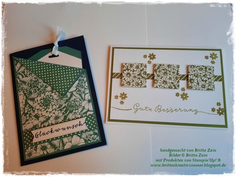 Zwei handgemachte Grußkarten mit Blumenmotiven, die für Mach was draus am 25. April erstellt wurden; auf der einen steht „Glückwunsch“, auf der anderen „Gute Besserung“, beide mit eleganten grün-weißen Mustern.