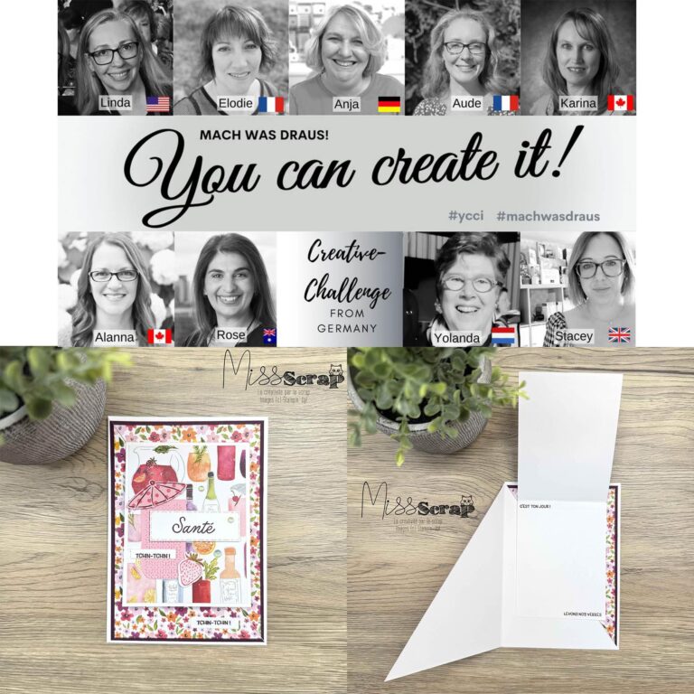 Collage mit Porträtfotos von acht Frauen aus verschiedenen Ländern, einer Ankündigung einer Kartenbastel-Challenge „Mach was draus Mai 25“ und einer handgemachten Grußkarte mit Blumen- und Cocktail-Motiven.