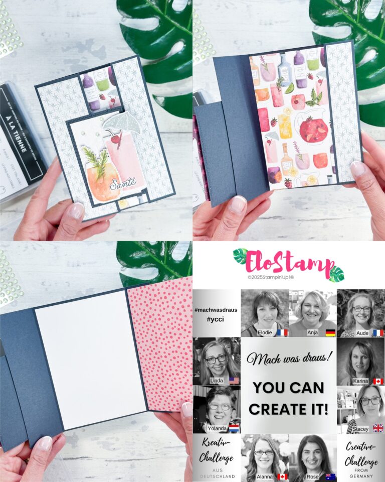 Vier Bilder zeigen eine handgemachte Grußkarte mit Obst- und Getränkemotiven, in der Hand gehalten, neben einem Flyer zur internationalen Bastel-Challenge „FloStamp“ und Mach was draus am 25. Mai.