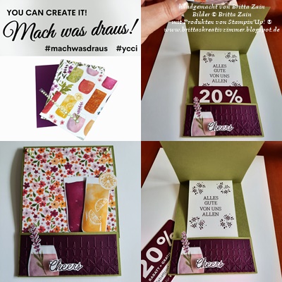 Eine handgemachte Grußkarte mit Blumen- und Getränkedesign, einem „Cheers“-Etikett und einer „20 %“-Nachricht, die für den 25. März erstellt wurde und geschlossen und geöffnet aus verschiedenen Blickwinkeln gezeigt wird.