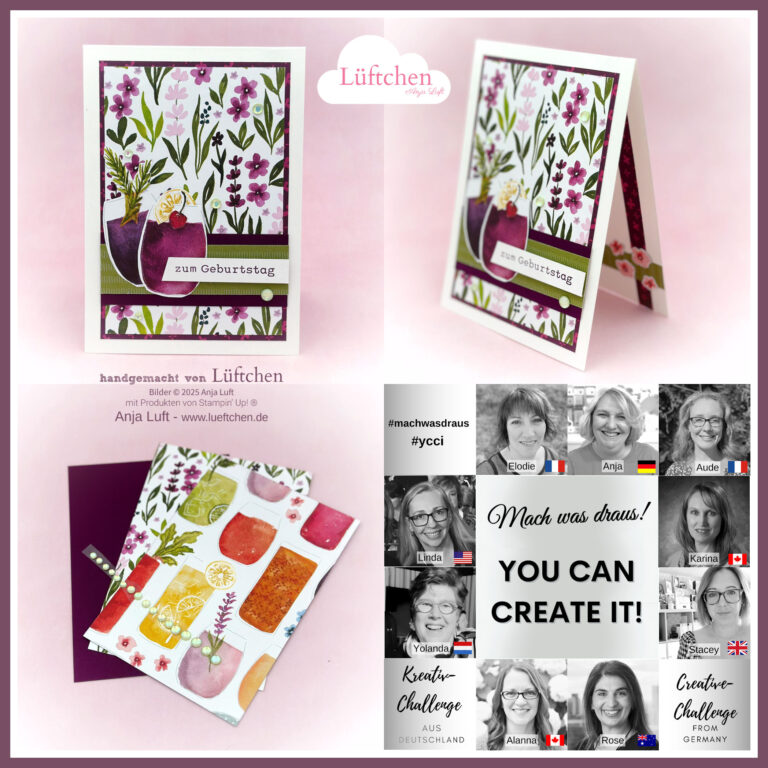 Eine handgemachte Geburtstagskarte mit Blumenmotiv und deutschem Text „Mach was draus" You can create it 2025 Mai