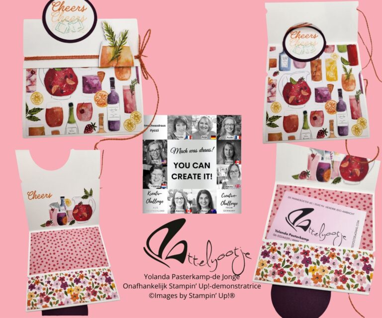 Eine Collage zeigt handgemachte Grußkarten mit Obst- und Blumenmotiven, eine Visitenkarte und ein zentrales Quadrat mit Fotos von Personen und Text, der für die Bastel-Challenge „Mach was draus, Mai 25“ wirbt.