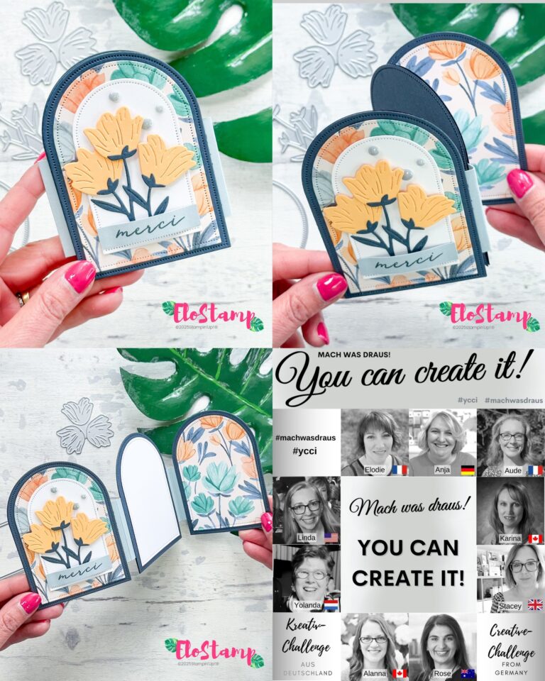 Collage, die eine handgefertigte Karte mit gelben Blumen und "merci"-Text zeigt, die offen und geschlossen gehalten wird; enthält einen Schwarz-Weiß-Teil mit "You can create it!", Schöpferporträts und dem Thema Mach was draus Juni 25.