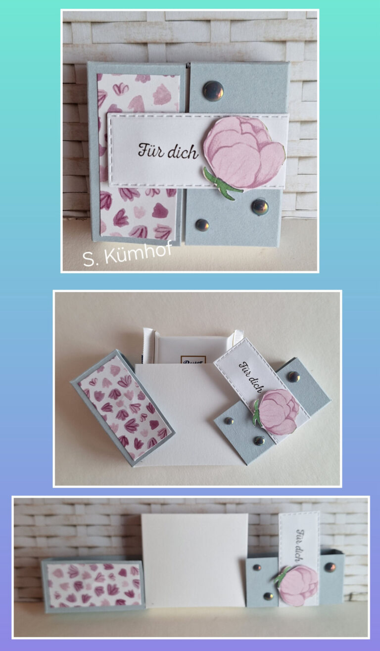 Eine handgefertigte Karte für Mach war draus 25. Juni, mit Pastellfarben, Blumenmustern, Metallklammern und der deutschen Botschaft "Für dich", die sowohl geschlossen als auch teilweise geöffnet gezeigt wird, um eine Innentasche zu enthüllen.