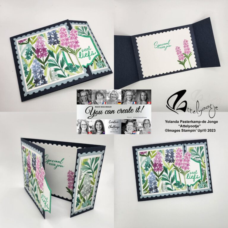 Vier Fotos zeigen eine handgefertigte Grußkarte mit Blumenmotiv und den Texten "Special for you" und "Sweet life" sowie eine Grafik mit Designerbildern und der Botschaft "You can create it!" von Mach was draus 25. Juni.