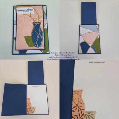 Das vierseitige Bild zeigt eine handgefertigte Grußkarte für "Mach was draus 25. Juli" mit einem blauen Vasenmotiv, geprägten Texturen und einem ausklappbaren Abschnitt, der Platz für Ihre Nachricht bietet.