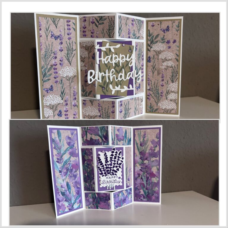 Zwei handgefertigte Geburtstagskarten mit floralen Motiven und Lagen, perfekt für Mach was draus 25. August. Auf der einen Karte steht "Happy Birthday", auf der anderen Lavendel und eine "Happy Birthday"-Nachricht.