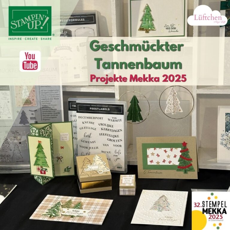 Eine Ausstellung von handgefertigten Weihnachtskarten und -dekorationen mit verschiedenen Weihnachtsbaumdesigns, die die "Decorated Christmas Tree"-Projekte für Stempel Mekka 2025 hervorheben - unter Verwendung von Liebenswerte Lagen Schablonen kolorieren Techniken und durchgehend deutschem Text.