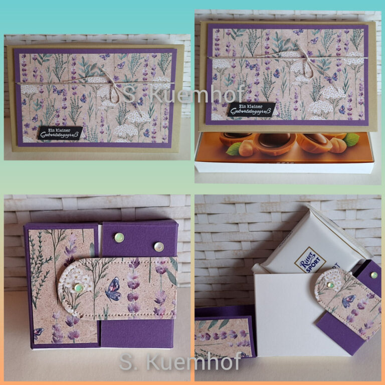 Collage aus handgefertigten Blumengrußkarten und Geschenkschachteln in Violett- und Beigetönen, die für Mach was draus am 25. August erstellt wurden und auf gemusterten Hintergründen mit dekorativen Details und Verzierungen präsentiert werden.
