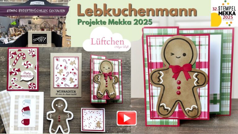 Display mit handgefertigten Weihnachtskarten mit Lebkuchenmännchen und weihnachtlichen Motiven, mit Werbetext für "Lebkuchenmann Mekka 2025", der die kreative Inspiration für Lebkuchenmann Mekka 2025 hervorhebt.