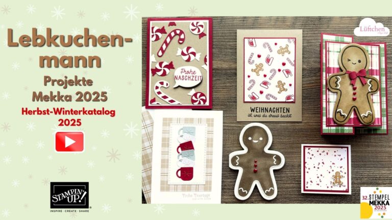 Ausstellung weihnachtlicher, handgefertigter Karten und Bastelarbeiten mit Lebkuchenmann Mekka 2025-Motiven, Zuckerstangen und weihnachtlichen Motiven, mit deutschem Text, der für einen Katalog 2025 von Stampin' Up! wirbt.