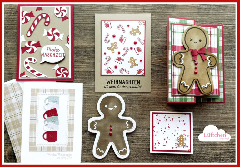 Eine Sammlung handgefertigter Weihnachtskarten mit Lebkuchenmännern, Zuckerstangen, Geschenken und deutschen Weihnachtsgrüßen - perfekt für Lebkuchenmann Mekka 2025 - schön auf einer Holzoberfläche präsentiert.