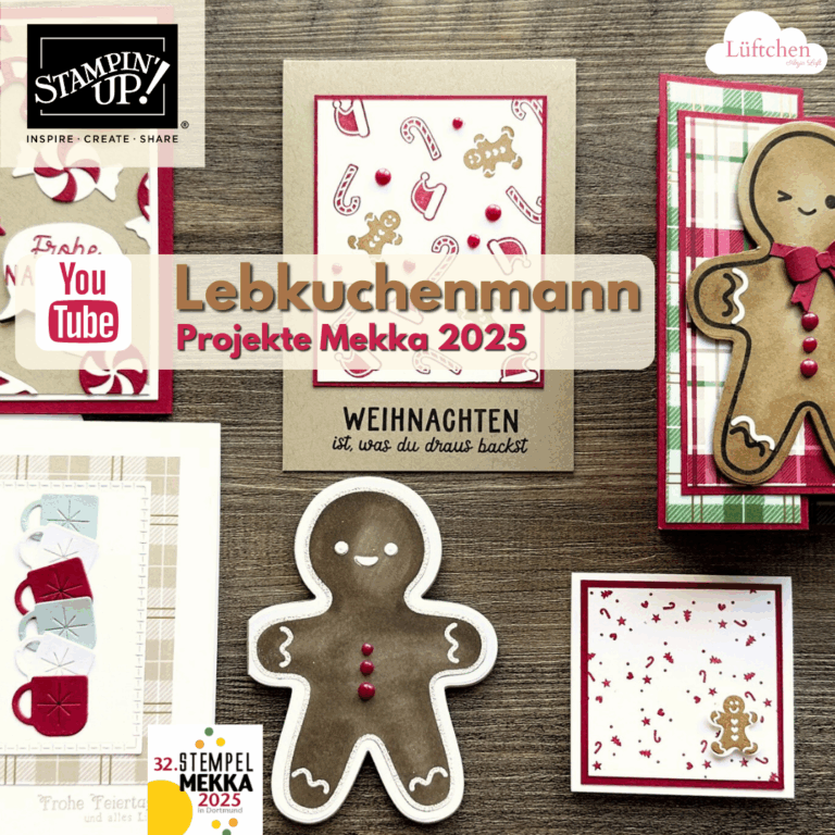 Eine Ausstellung von handgefertigten Weihnachtskarten und -basteleien mit Lebkuchenmann-Motiven, Zuckerstangen, festlichen Mustern und einem "Geschmückter Tannenbaum Mekka 2025"-Thema mit deutschem Text, der für Lebkuchenmann Projekte Mekka 2025 wirbt.