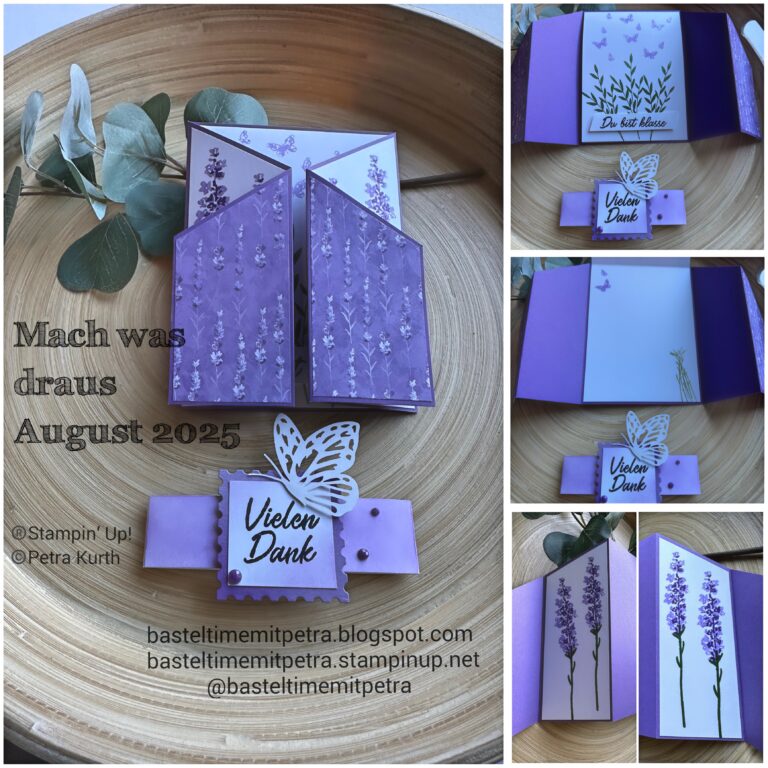 Collage aus handgefertigten lilafarbenen Blumendankeskarten mit "Vielen Dank"-Text, Schmetterlingsverzierungen und Informationen über einen Crafting-Blog und die Veranstaltung Mach was draus am 25. August.